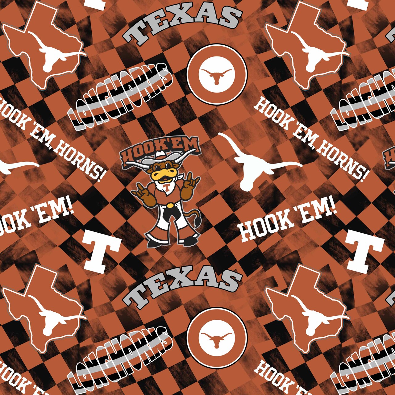 Sykel Enterprises-University of Texas Cotton Quilting Fabric-Texas Longhorns Check Allover Cotton Fabric Sold by the Yard